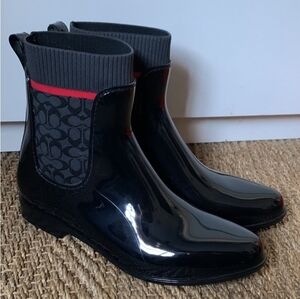 Black and Gray Ankle Rain Boots with Red Accent COACH Size 11